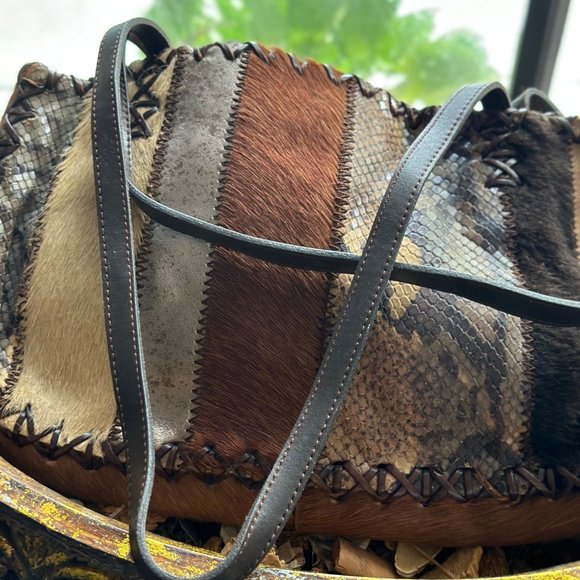 Vintage MALI PARMI 1992 Edition Mixed Leather Skin Pony Hair Suede Handbag - Picture 3 of 12